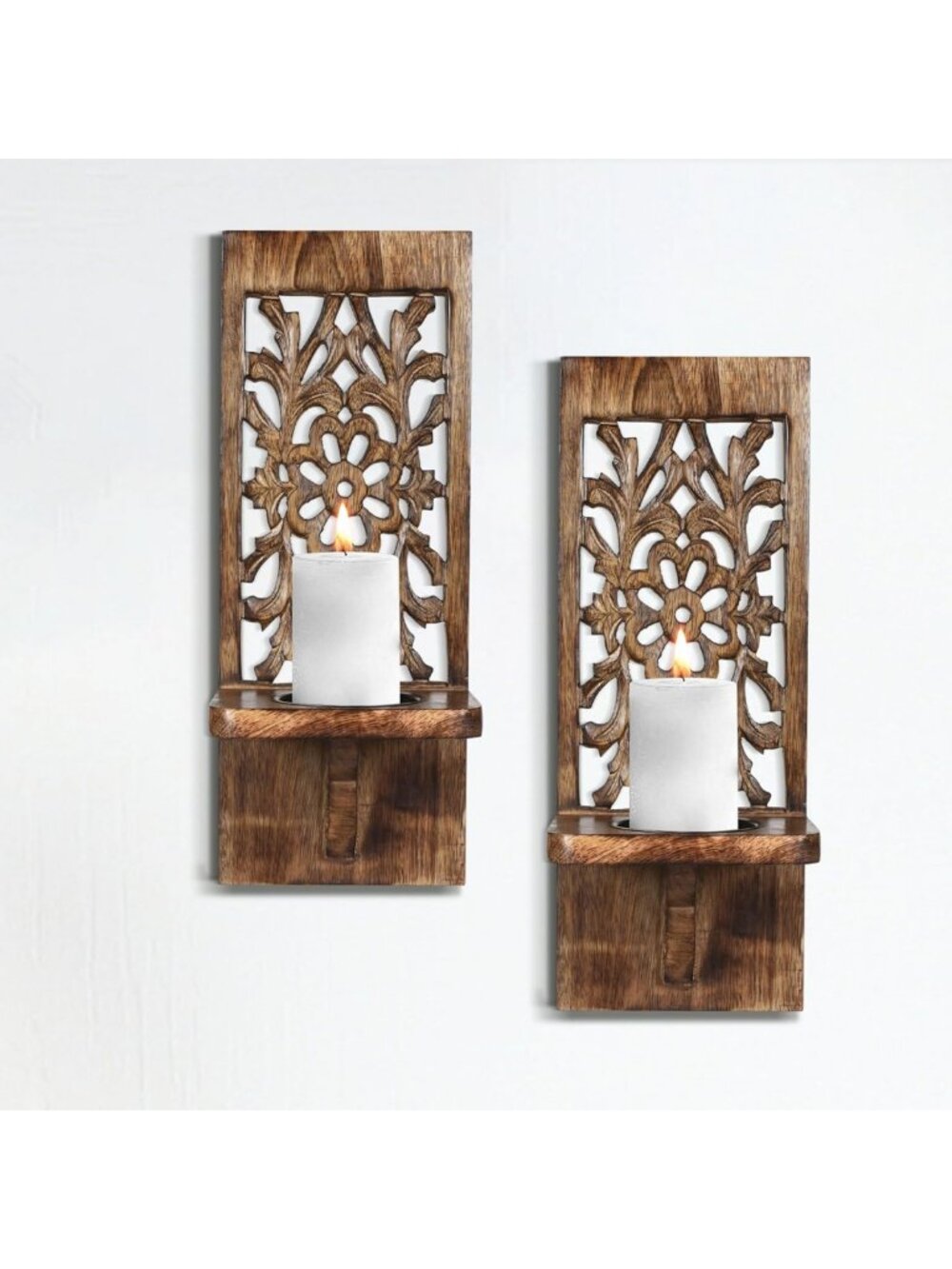 Set of 2 Hand-Carved Wooden Wall Sconces - Farmhouse Candle Holders for Home